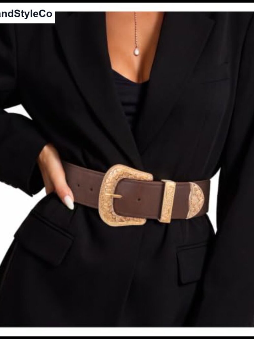 Wide Elastic Waist Belt with Western Gold Buckle Faux Leather 2 Inch